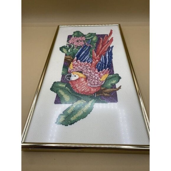 Vintage Tropical Macaw Parrot Needlepoint Tapestry 17 “ X 9.25” Framed - Picture 5 of 8